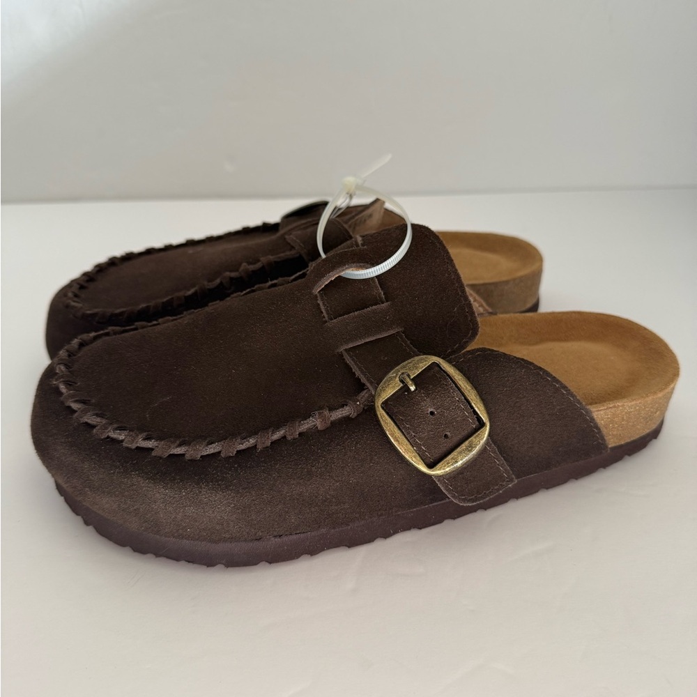 Elegant Brown Real Suede Mules Mule with Buckle Women